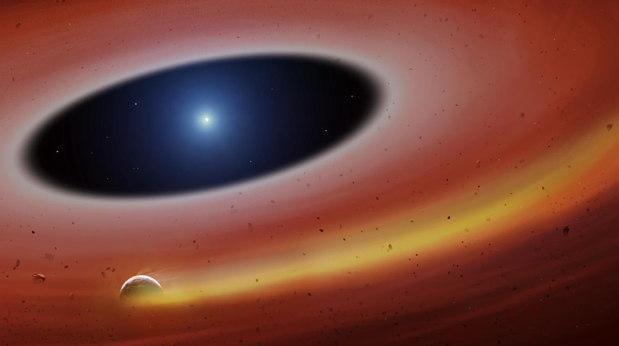 Representación de un fragmento metálico orbitando la estrella SDSS J122859.93+104032.9, a 413 años luz de la Tierra