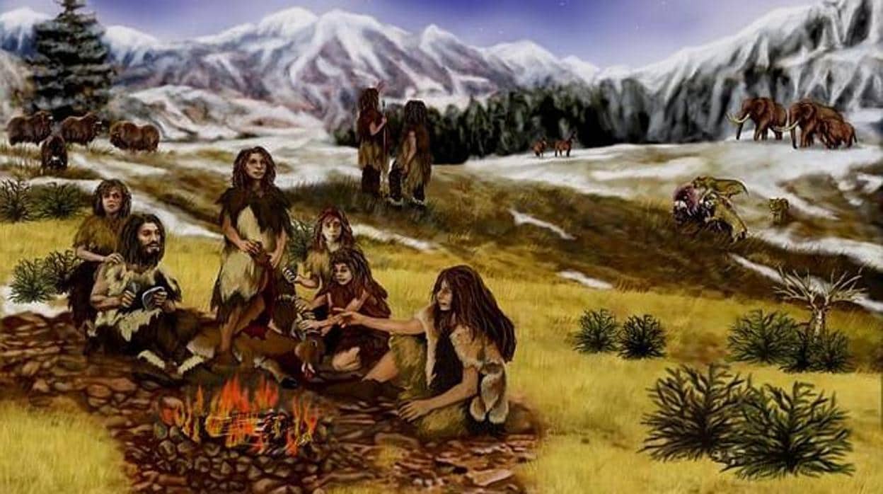 Recreación de un grupo neandertal en una imagen de archivo
