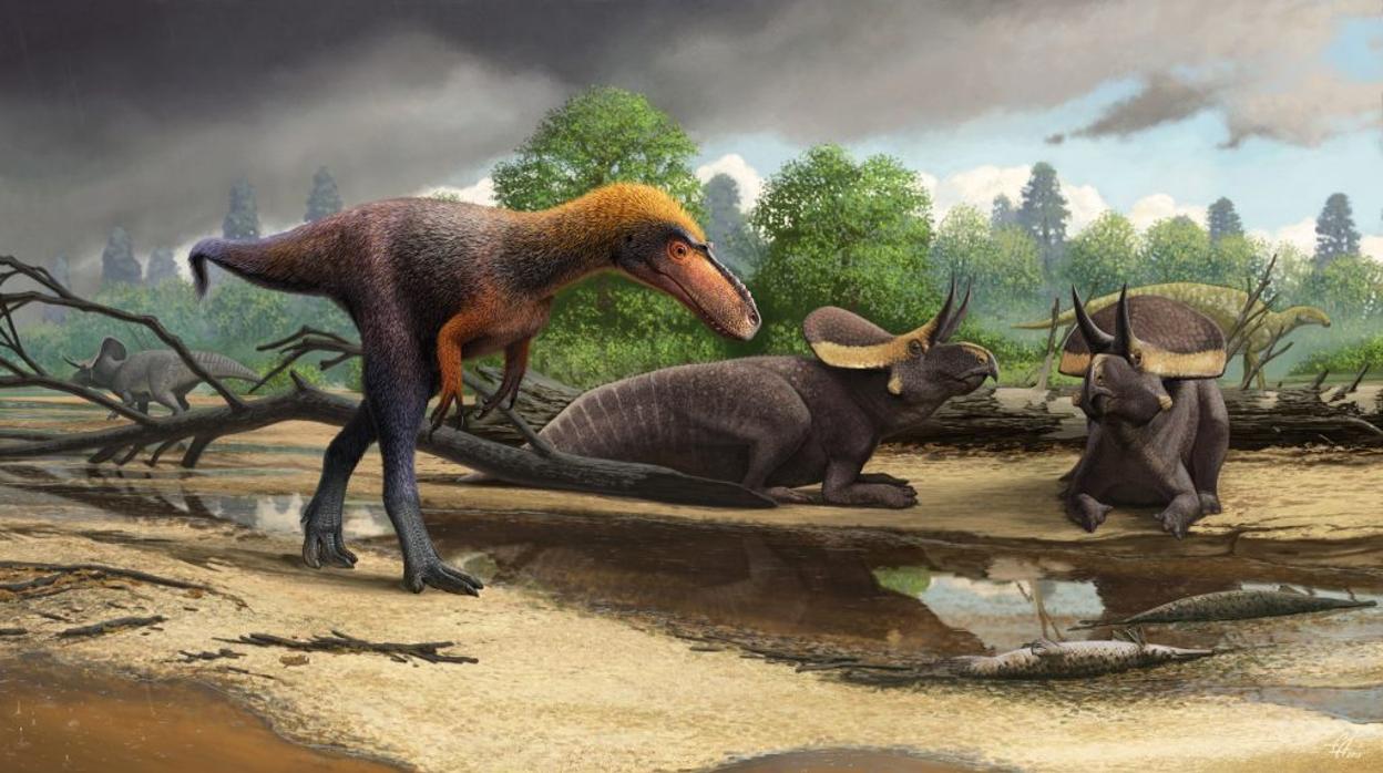 Reconstrucción de Suskityrannus hazelae cerca de los pequeños Zuniceratops y un hadrosauromorfo Jeyawati al fondo