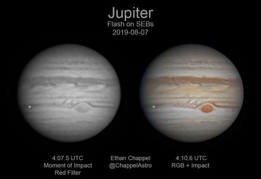 Imágenes de Júpiter en el momento del impacto, en la parte izquierda del planeta, el pasado 7 de agosto