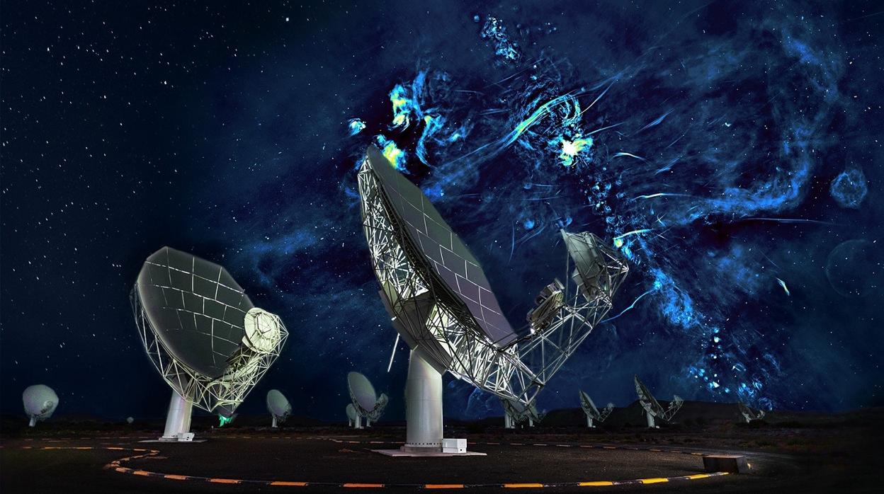 La ilustración muestra una radioimagen del centro de la galaxia sobre una parte del radiotelescopio MeerKAT, que aparece en primer plano