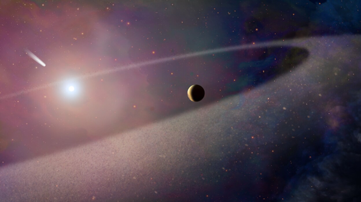 Recreación artística que muestra un objeto masivo similar a un cometa cayendo hacia una enana blanca