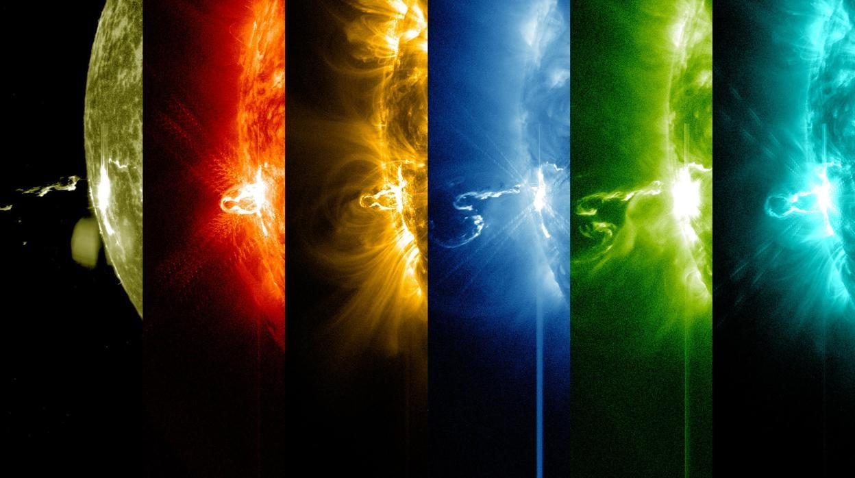 Primeros momentos de un estallido de clase X en diferentes longitudes de onda de luz, visto como el punto brillante que aparece en la rama izquierda del Sol (febrero de 2014)