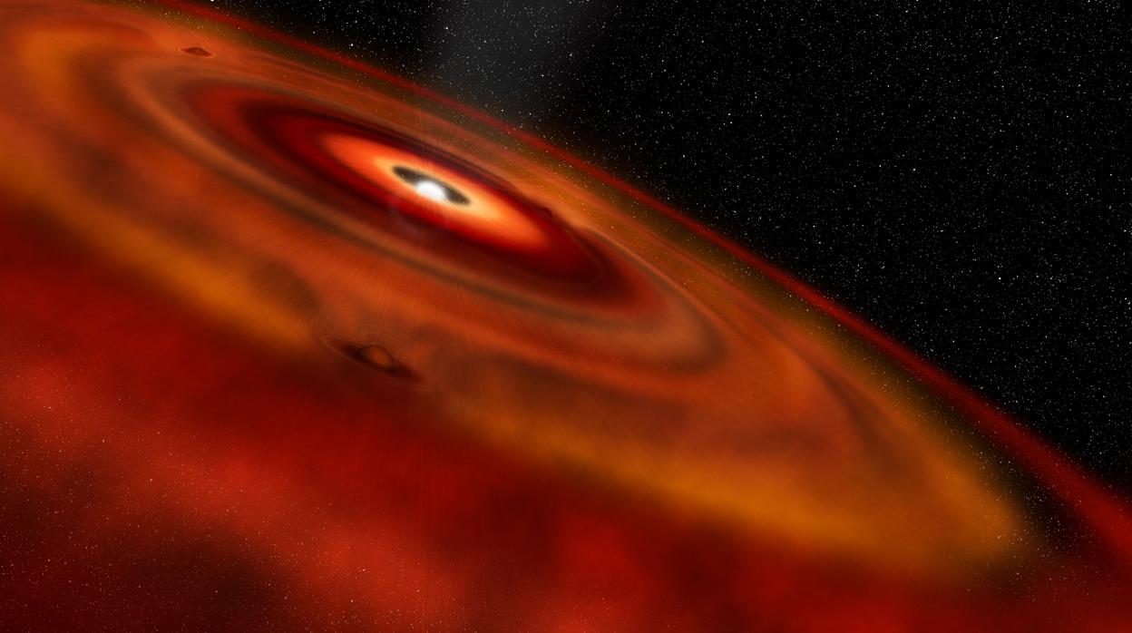 Impresión artística del disco de gas y polvo que gira alrededor de la joven estrella HD 163296. El gas cae en cascada en los espacios del disco, lo que probablemente indica la formación de planetas