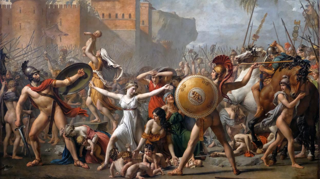 El Rapto de las Sabinas, representado en la imagen por Jacques-Louis David, es un episodio mitológico que describe el secuestro de mujeres de la tribu de los sabinos por los fundadores de Roma