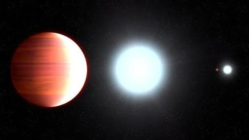 Recreación de Kepler-13Ab, que gira muy cerca de su estrella anfitriona, Kepler-13A. Al fondo, la compañera binaria de la estrella, Kepler-13B, y el tercer miembro del sistema es la enana naranja Kepler-13C