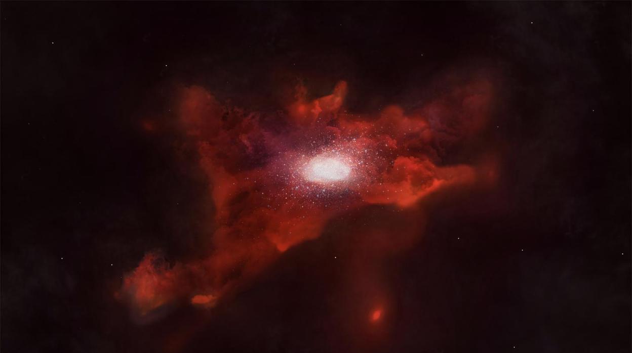 La ilustración muestra una joven galaxia completamente envuelta por un "capullo" de carbono