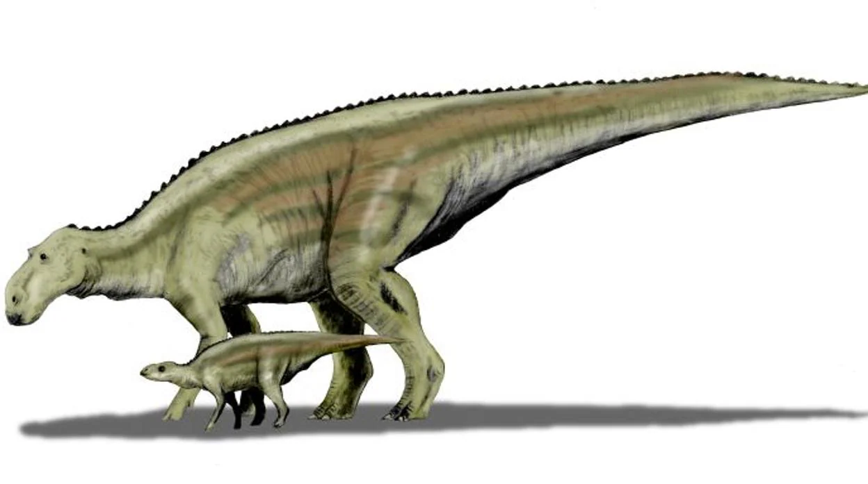 Recreación de un dinosaurio Maiasaura con su cría