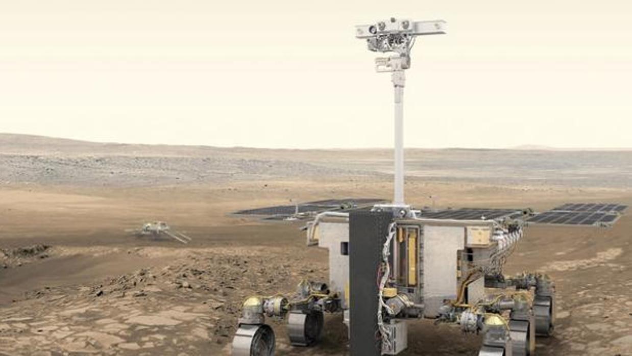 Robot de exploración ExoMars 2020 y plataforma rusa de superficie (al fondo)