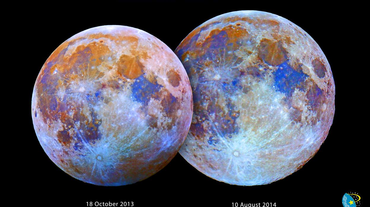 Tamaños aparentes de la SuperLuna del 10 agosto 2014 (derecha) y la Luna llena del 18 octubre 2013 (izquierda)