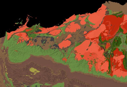 Un mapa geológico del cratón de Pilbara. Los autores del estudio estudiaron muestras (en tonos verdes) que datan de hace 3.200 millones de años. Para la escala, la imagen tiene unos 500 kilómetros de ancho