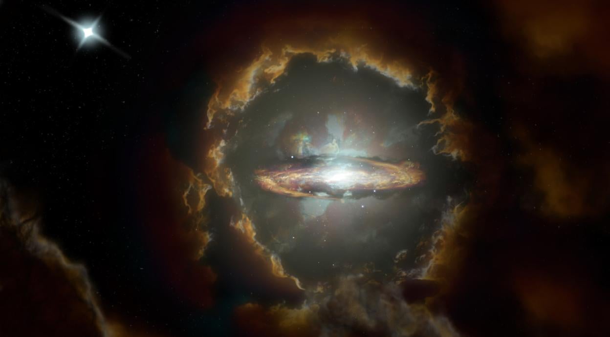 Impresión artística del disco Wolfe, una galaxia de disco giratorio masivo en el universo primitivo y polvoriento.