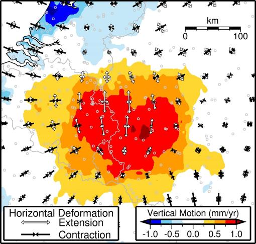 Observaciones GPS del movimiento del suelo bajo el área de Eifel. Los colores representan el movimiento vertical inferido de los datos de GPS, y las flechas blancas y negras indican la dirección en la que la corteza se estira o comprime horizontalmente, respectivamente. El movimiento ascendente más alto de ~ 1 mm por año se encuentra cerca del campo volcánico de Eifel