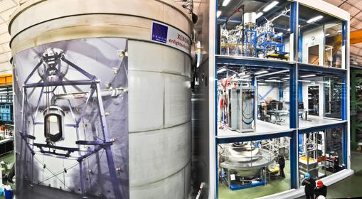 Instalaciones del experimento XENON1T. A la izquierda, dentro de un tanque de agua, hay un depósito de xenón donde unos detectores tratan de captar señales de materia oscura