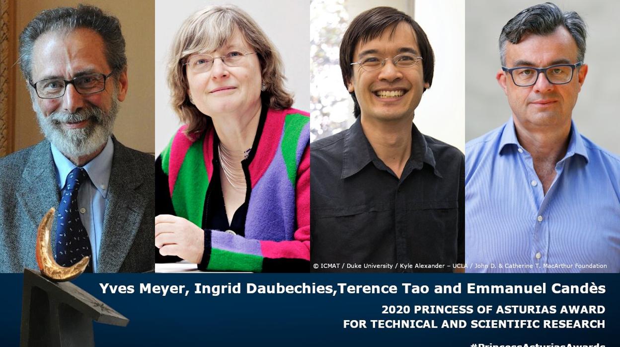 De izquierda a derecha: los matemáticos premiados Yves Meyer, Ingrid Daubechies, Terence Tao y Emmanuel Candès