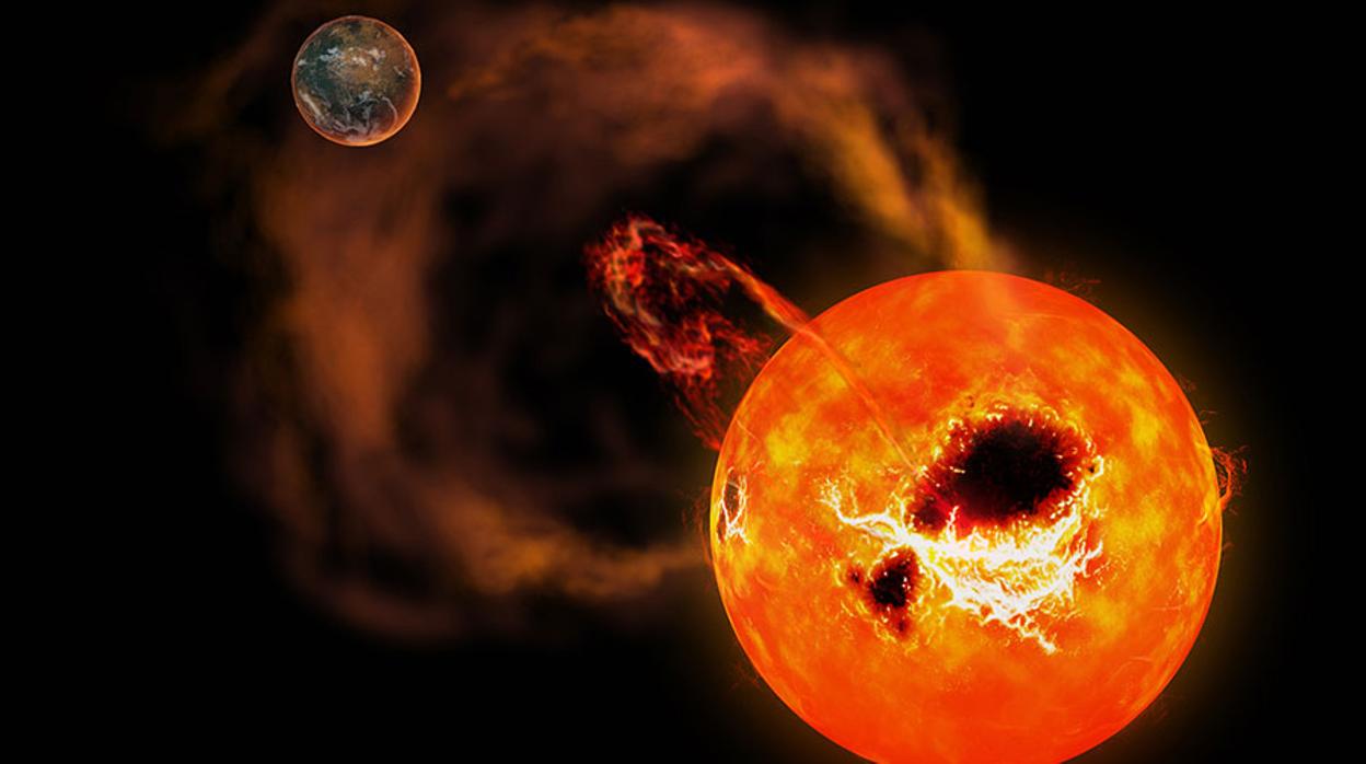 Impresión artística del efecto dramático que podría tener una súper llamarada sobre una estrella enana roja sobre un exoplaneta similar a la Tierra que orbita alrededor de ella