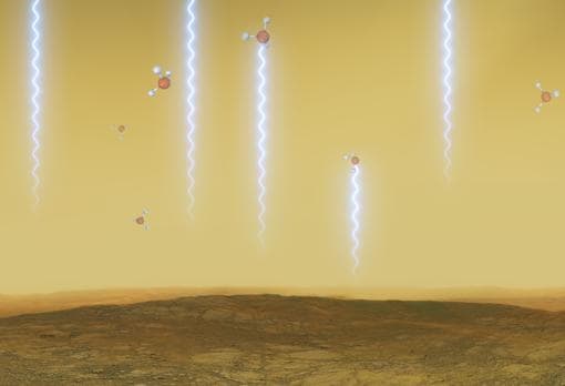 Esta ilustración muestra la superficie y la atmósfera de Venus, así como las moléculas de fosfina.