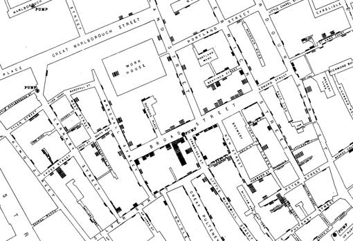 Mapa creado por Snow donde cada raya es un muerto. Se puede ver que la mayoría se apilan en torno al surtidor de Baker Street