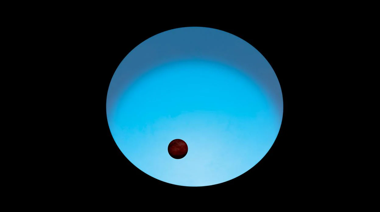 Impresión artística del exoplaneta WASP-189b orbitando su estrella anfitriona. La estrella anfitriona es más grande y más de 2000 grados más caliente que nuestro propio Sol, por lo que parece brillar en azul. El planeta tiene una órbita inclinada: no viaja alrededor del ecuador, sino que pasa cerca de los polos de la estrella.