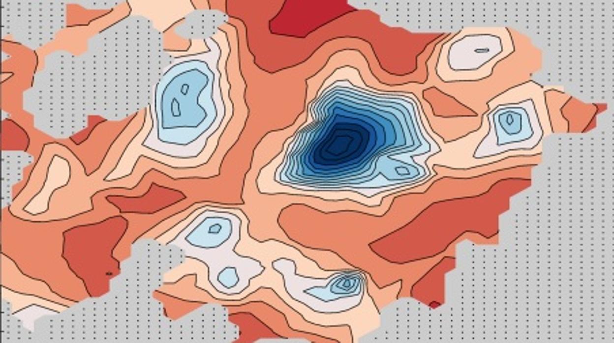 Mapa que indica la presencia de agua liquida bajo la superficie del Polo sur de Marte (valores por encima de 15)