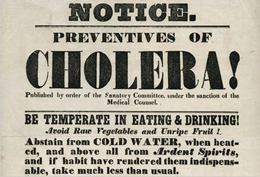 Cartel de 1832 haciendo recomendaciones erróneas sobre el cólera, donde se pide no beber agua fría. Varias epidemias de cólera provocaron muertes y agitación social especialmente en el siglo XIX