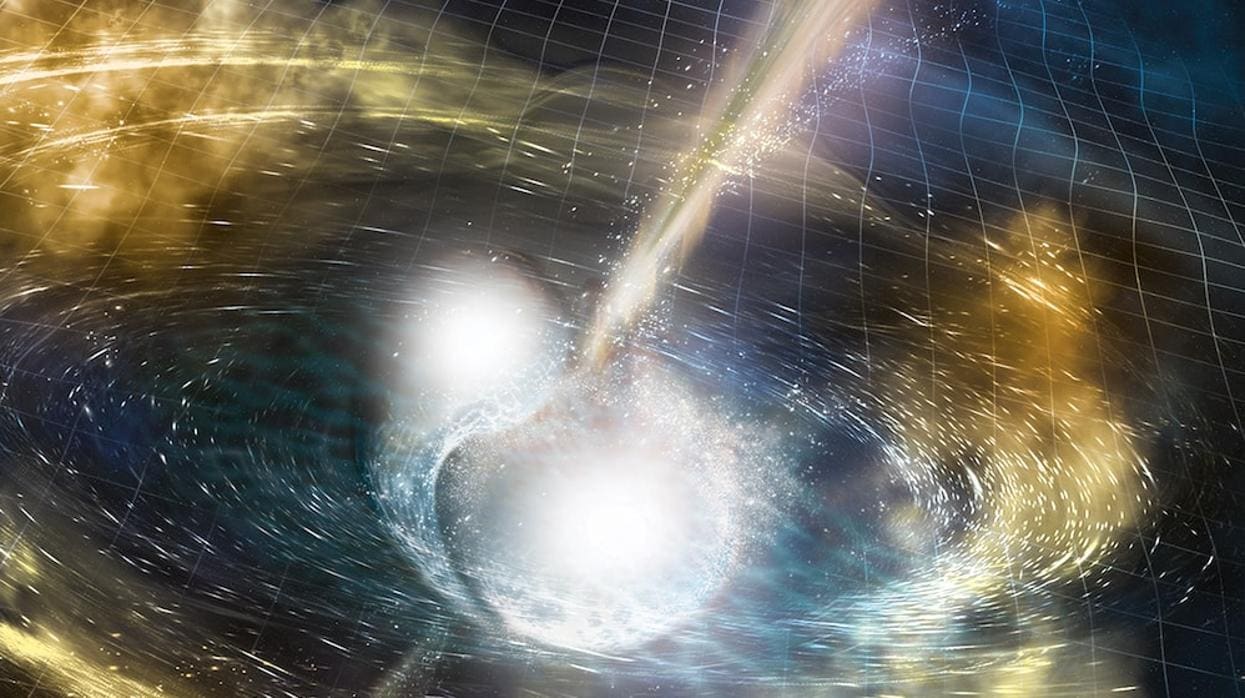 En la ilustración, dos estrellas de neutrones colisionan y "riegan" de oro el espacio a su alrededor