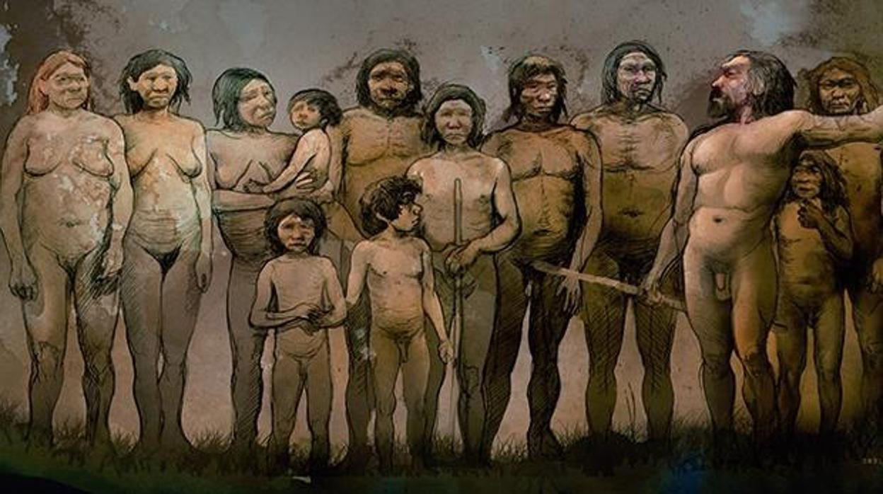 Imagen familiar de los neandertales de El Sidrón, en Asturias