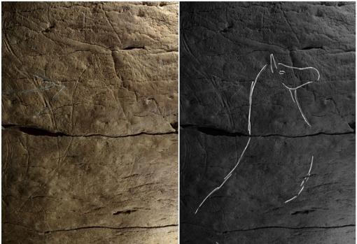 Fotografía y calco de un caballo grabado en la pared derecha de la Cueva de Aitzbitarte III