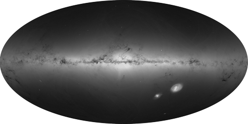 Las regiones más brillantes indican concentraciones más densas de estrellas, mientras que las regiones más oscuras corresponden a parches del cielo donde se observan menos estrellas. Esta vista muestra la distribución de todas las estrellas, incluidas las débiles y distantes