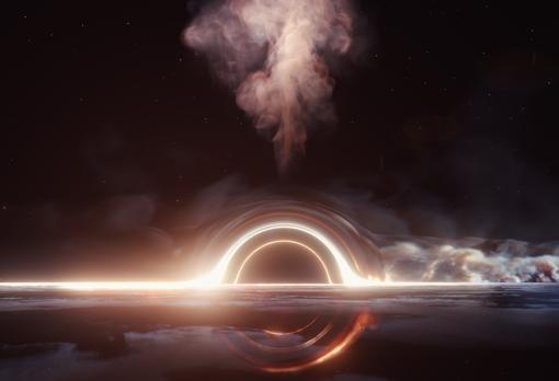 Una recreación del disco de acreción alrededor del agujero negro supermasivo, con estructuras en forma de chorro que se alejan del disco