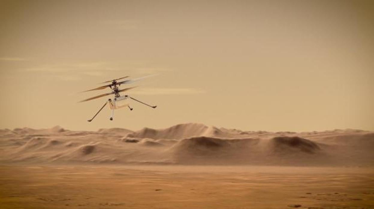 Ilusración del helicóptero Ingenuity en los cielos del planeta rojo