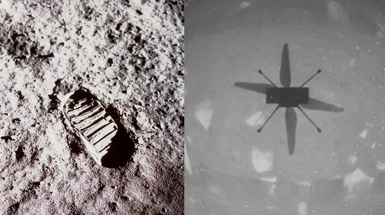 Buzz Aldrin tomó esta imagen icónica de la huella de una bota en la Luna durante la caminata lunar del Apolo 11 el 20 de julio de 1969. El helicóptero Ingenuity Mars de la NASA tomó esta imagen, capturando su propia sombra, mientras flotaba sobre la superficie marciana el 19 de abril