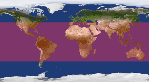 La etapa principal del cohete podría desintegrarse entre las latitudes 40º Norte y Sur. En la franja roja de este mapa.