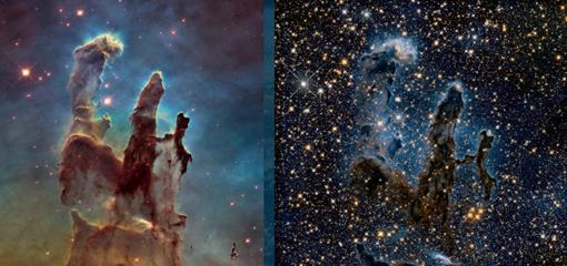 A diferencia del Hubble, que trabaja en el espectro visible, el Webb lo hace en el infrarrojo medio, es decir, a unas frecuencias diferentes, lo que permitirá ver detrás de las nubes de polvo de las nebulosas (foto izquierda, la nebulosa 'Los pilares del Universio tomada por el Hubble; a la izquieda, la visión de la misma zona que tendrá el James Webb