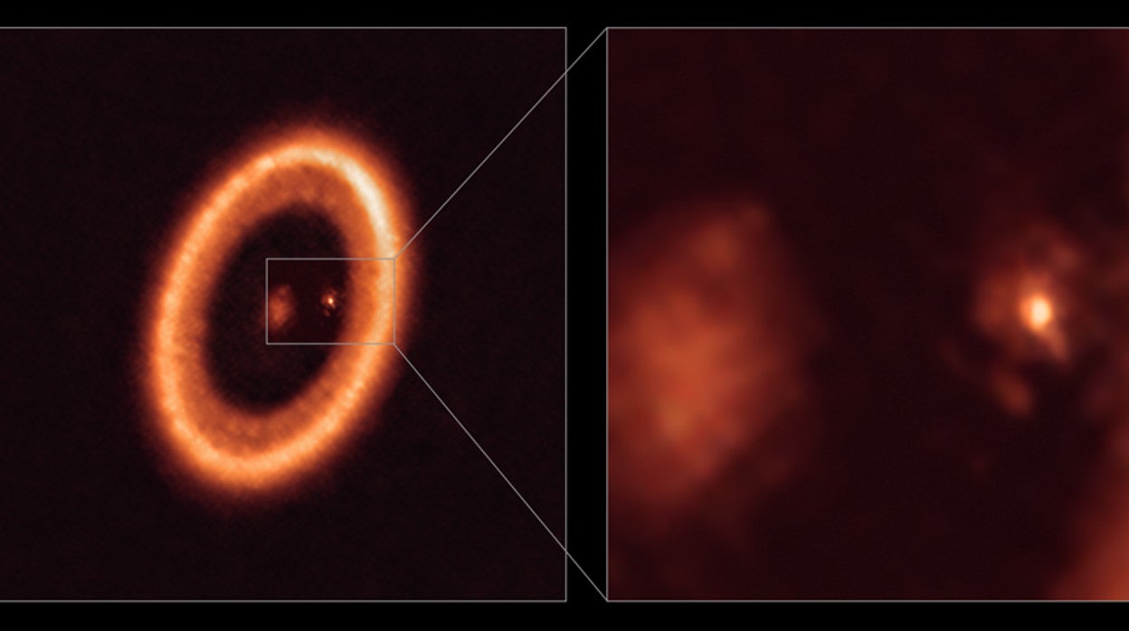 Las imágenes (la de la derecha es una ampliación de la de la izquierda), muestran con un extraordinario nivel de detalle un 'disco formador de lunas' alrededor del exoplaneta PDS 70c, a unos 400 años luz de la Tierra