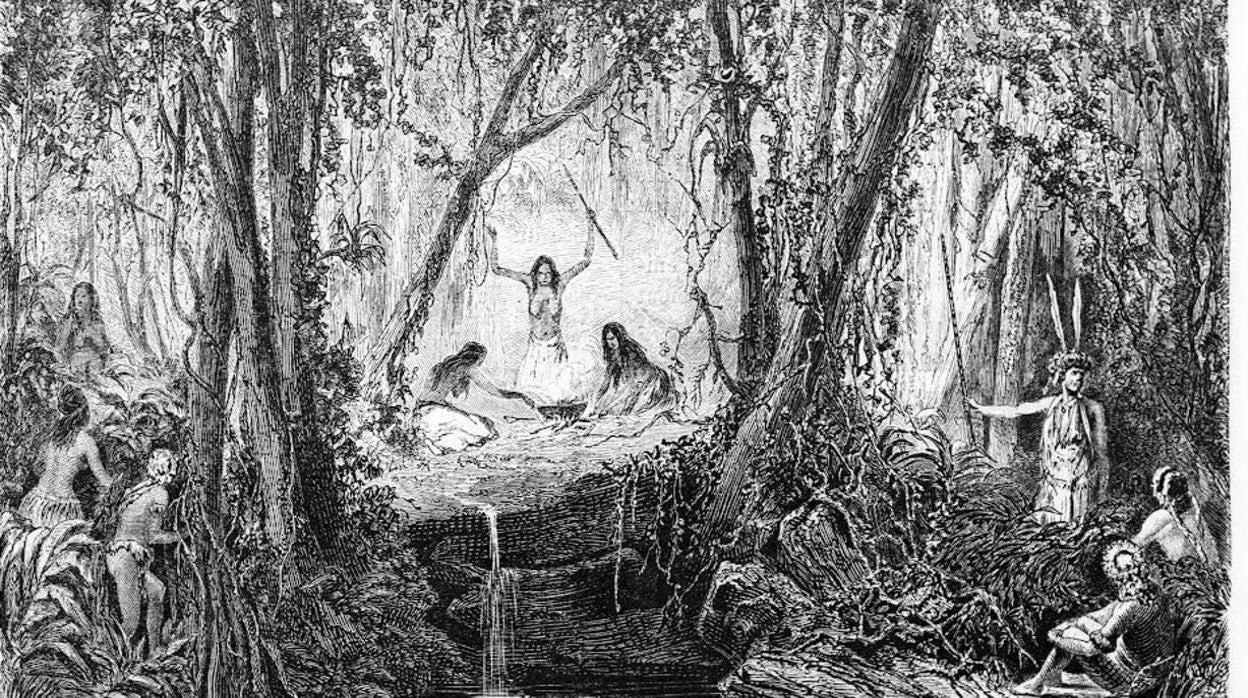 Los indios Mundurucus del Amazonas preparan veneno de curare en un grabado antiguo de Riou, Board y Gaucher, en Le Tour du Monde, París