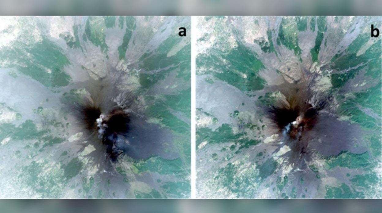 Imágenes del Monte Etna tomadas por satélite los pasados 13 de julio (foto a) y 25 de julio (foto b)