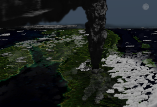 La erupción del supervolcán Toba, como se habría visto desde el espacio