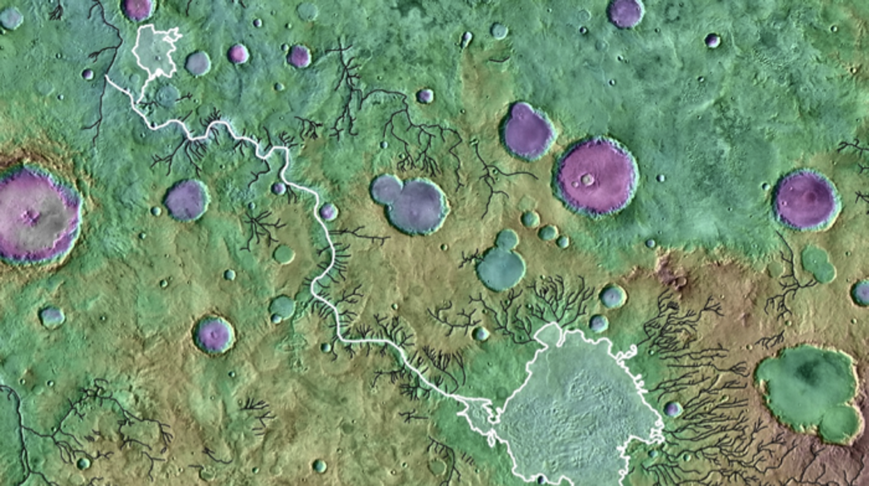 Una imagen topográfica coloreada que muestra los valles fluviales de Marte. El cañón de salida Loire Vallis (línea blanca) se formó a partir del desbordamiento de un lago en la cuenca del Paraná (delineado en blanco). Las líneas negras indican otros valles fluviales formados por procesos distintos a los desbordes de lagos