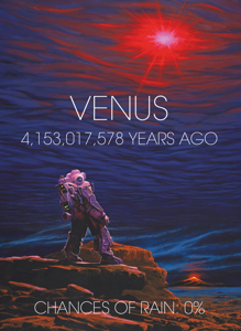 Vista artística de la superficie y la atmósfera de Venus temprano, hace más de 4 mil millones de años. En primer plano, un misterioso explorador se sorprende al ver los océanos completamente vaporizados en el cielo