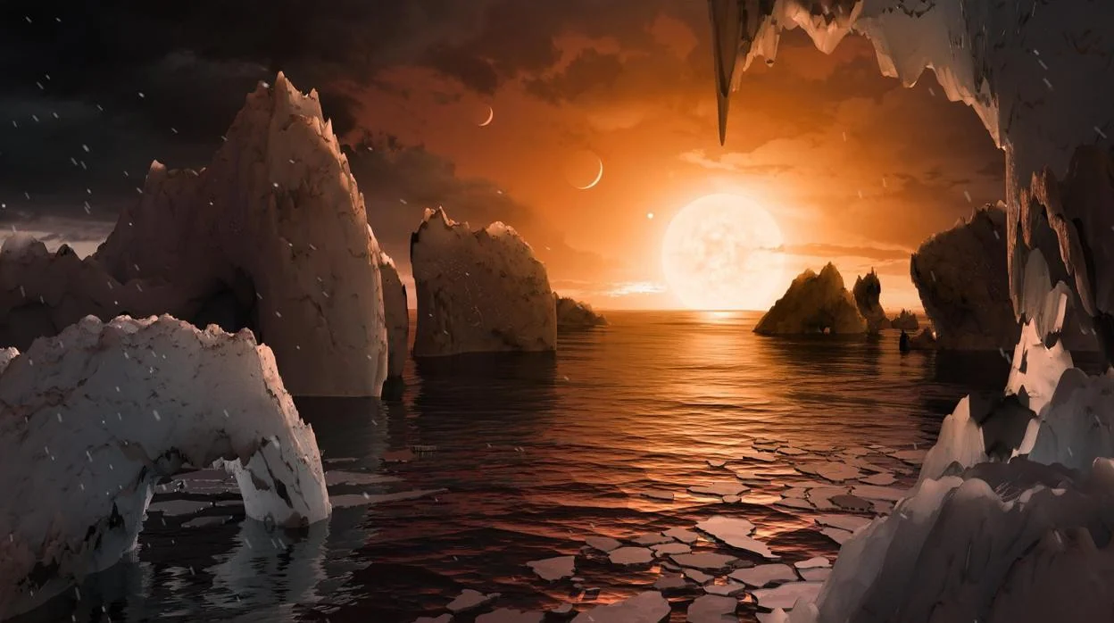 La ilustración muestra un océano extraterrestre en uno de los planetas rocosos de la estrella Trappist-1