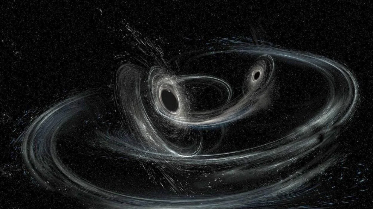 Ilustración de la fusión de dos agujeros negros, un evento que genera ondas gravitacionales