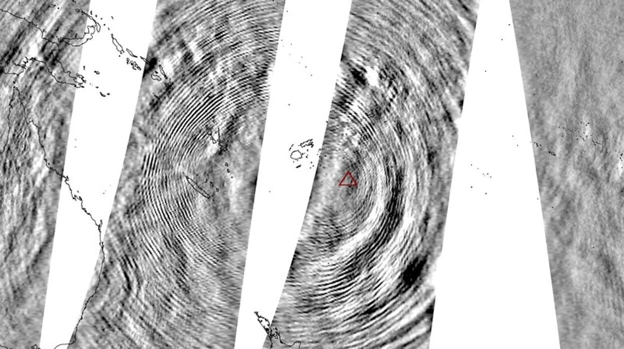 La imagen del satélite Aqua muestra las ondas concéntricas en la atmósfera tras la erupción del volcán de Tonga
