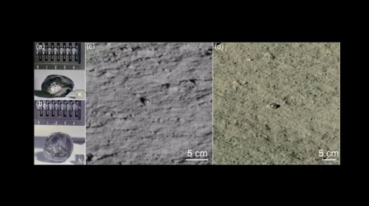 Glóbulos de vidrio del tamaño de un centímetro recogidos por las misiones Apolo 16 (a, b) y los observados por la misión Chang'E-4 (c, d)