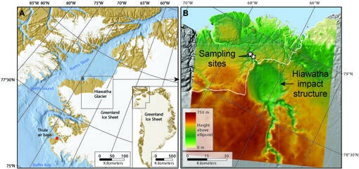 Mapas que muestran la ubicación del cráter de impacto Hiawatha en el noroeste de Groenlandia (izquierda) y la forma de la superficie de la Tierra debajo del hielo, con el cráter claramente visible (derecha)