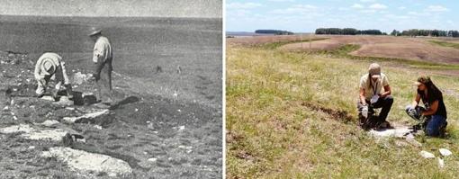 Después de 70 años, los investigadores han vuelto a encontrar el espectacular yacimiento de Cerro Chato, en Brasil. A la izquierda, la expedición de 1951. A la derecha, la actual