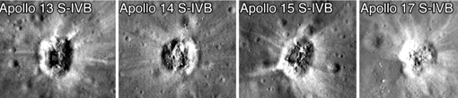 Estas cuatro imágenes muestran cráteres formados por impactos de las etapas del Apolo SIV-B: los diámetros de los cráteres varían de 35 a 40 metros