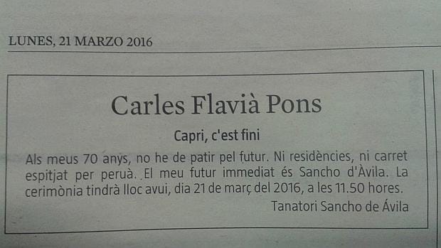 La esquela de Carles Flavià Pons publicada en La Vanguardia