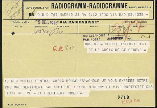 Telegrama de Aurelio Romeo Lozano, presidente de Cruz Roja de la zona republicana, que califica de «accidente» lo sucedido