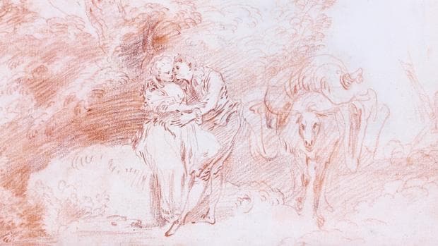 «Hombre y mujer abrazados». Dibujo de Watteau